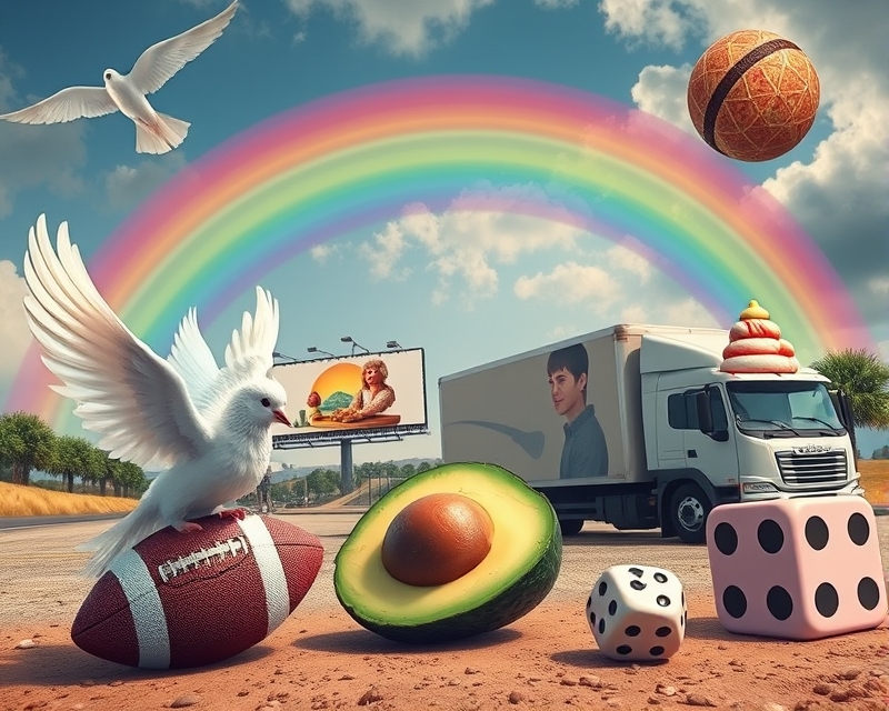 football, cell phone, poodle, dove, feather, avocado, billboard, dice, ice cream, circle, rainbow, truck, pepperoni